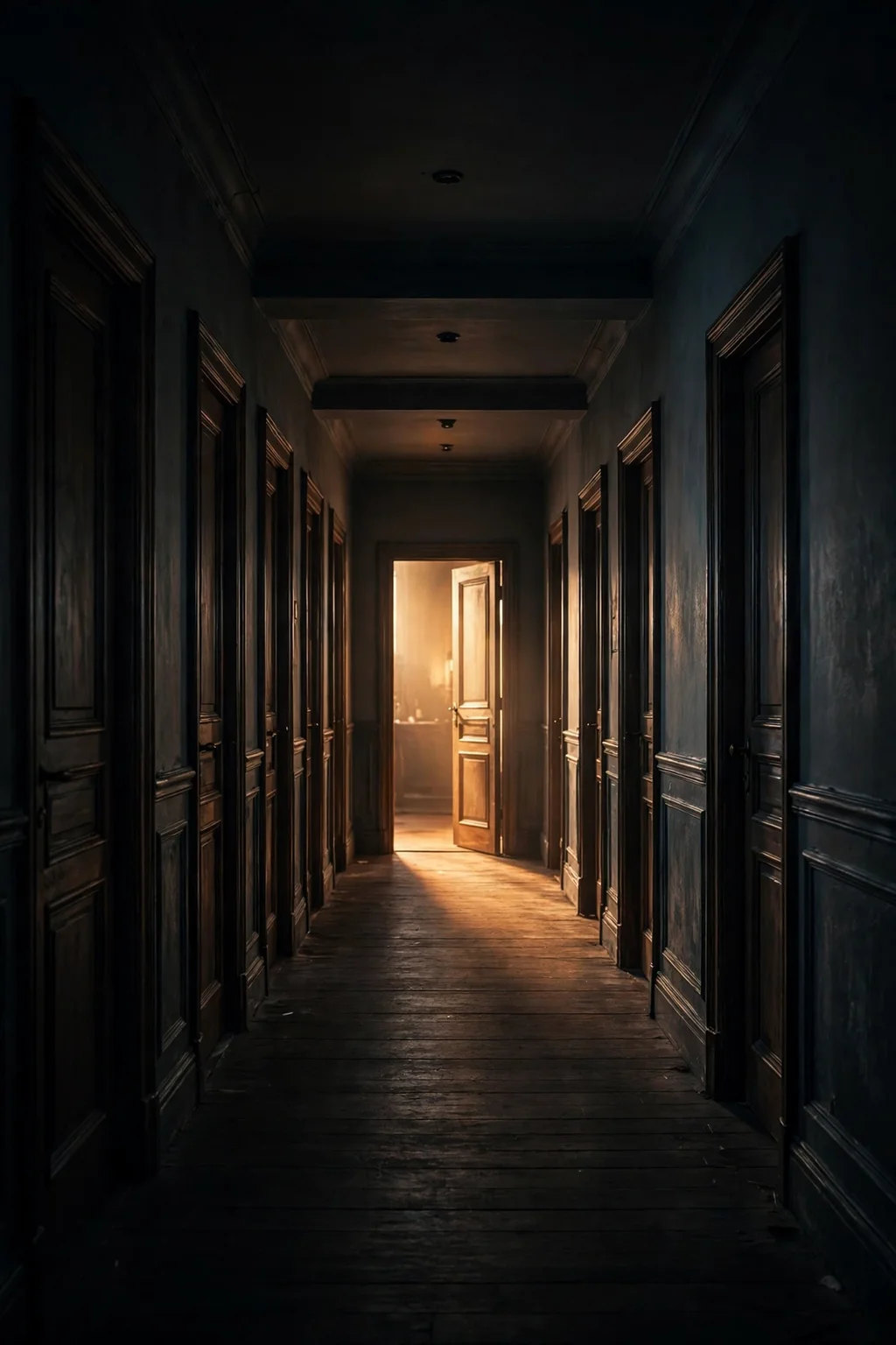 A single warmly lit open doorway at the end of a long dark hallway