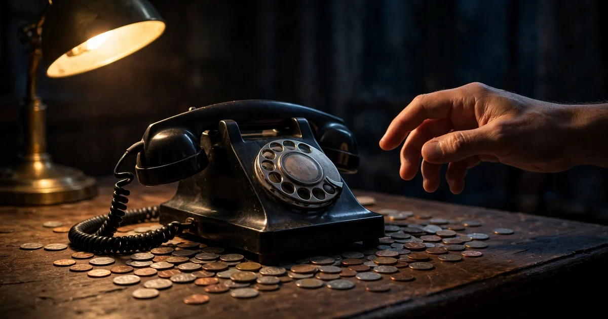 A vintage telephone on a desk at night with coins scattered around its base