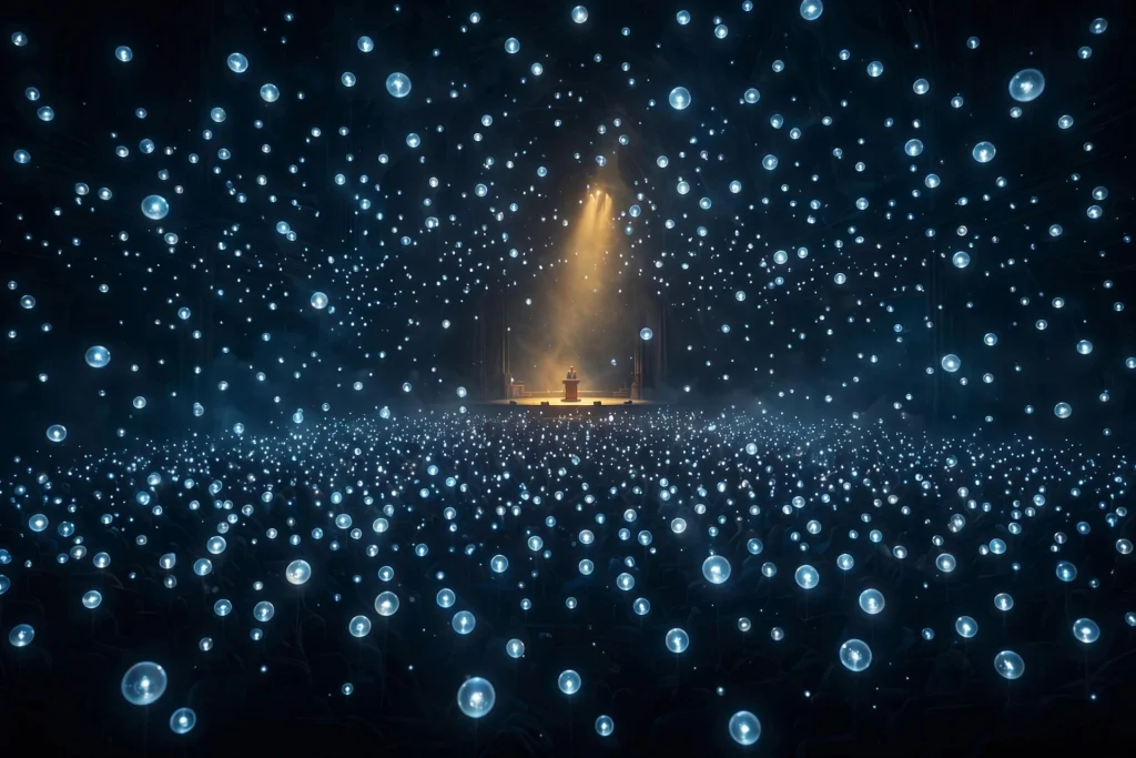 Hundreds of small lights like listening minds turned toward a single warm spotlight on a lone speaker