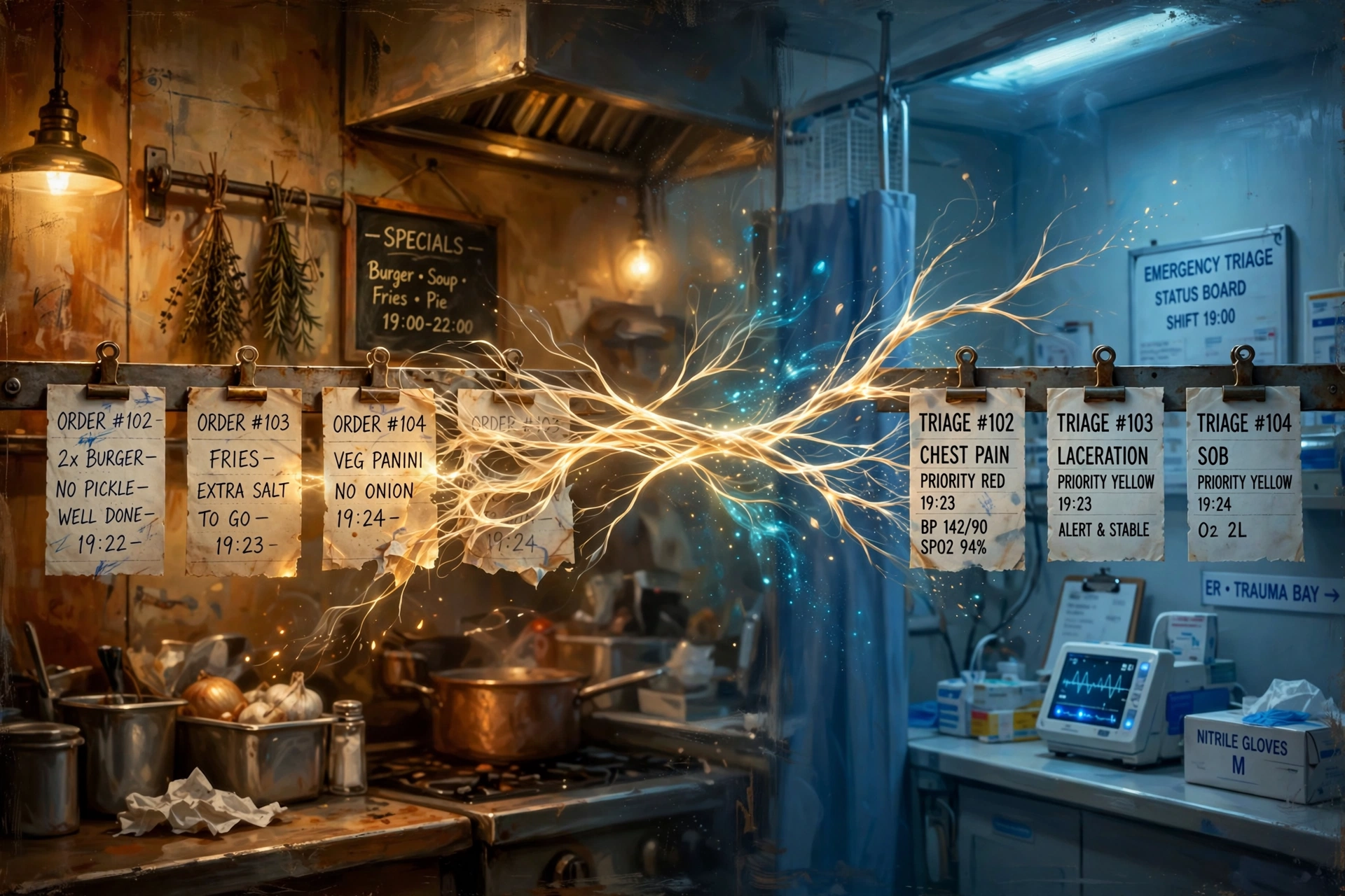 A diner ticket rail transforming into a hospital triage board, connected by a branch of light