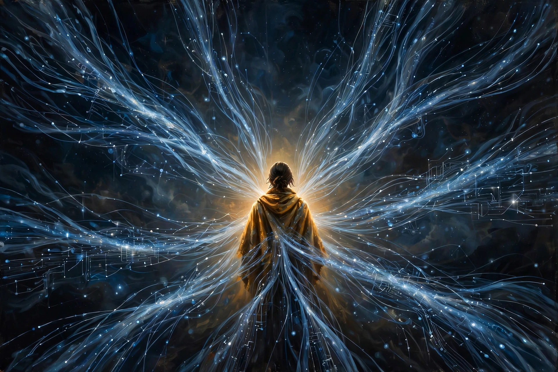 A lone human figure glowing warm at the center of converging streams of data and light