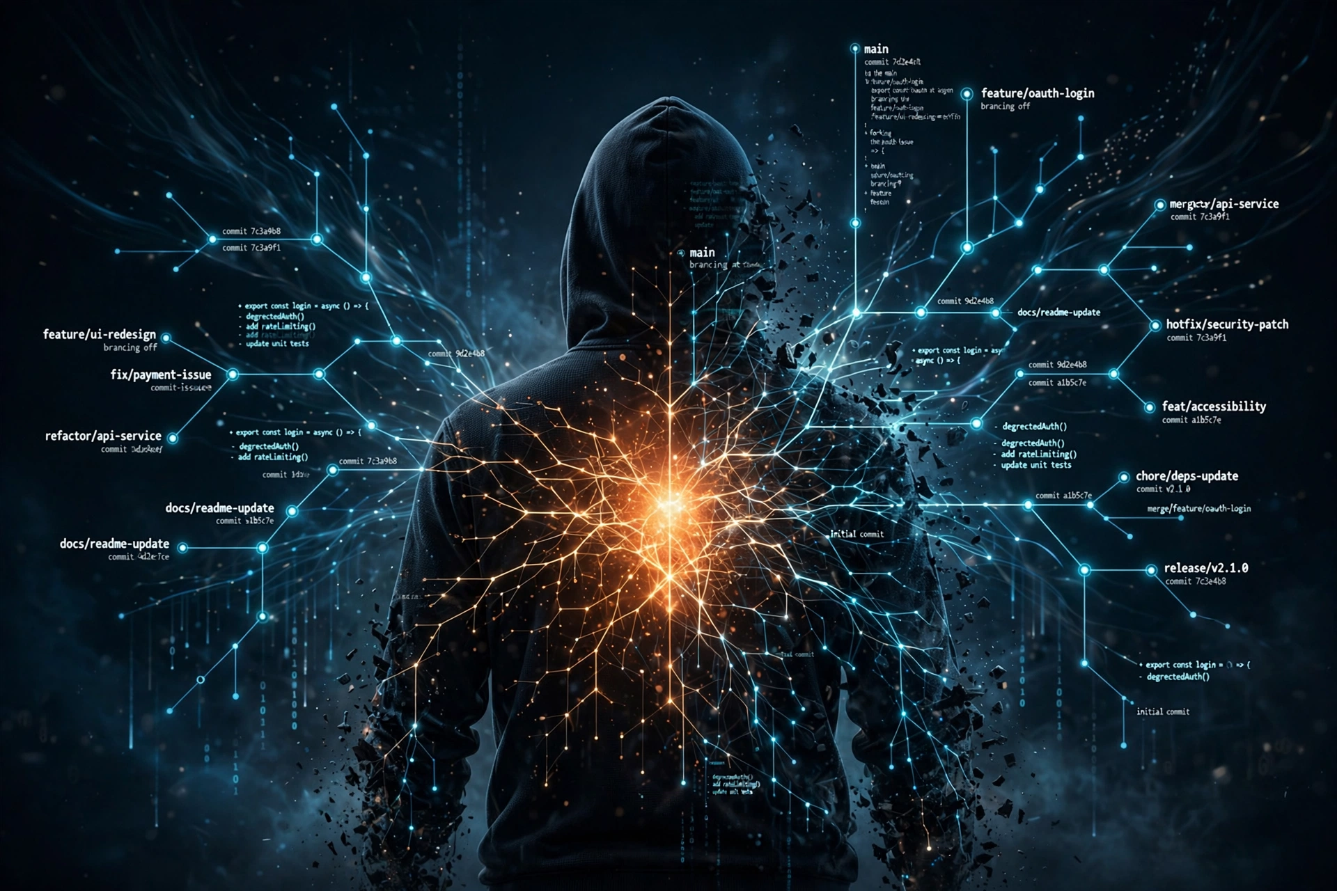 A programmer's silhouette dissolving into glowing git branches, a warm human core at the center