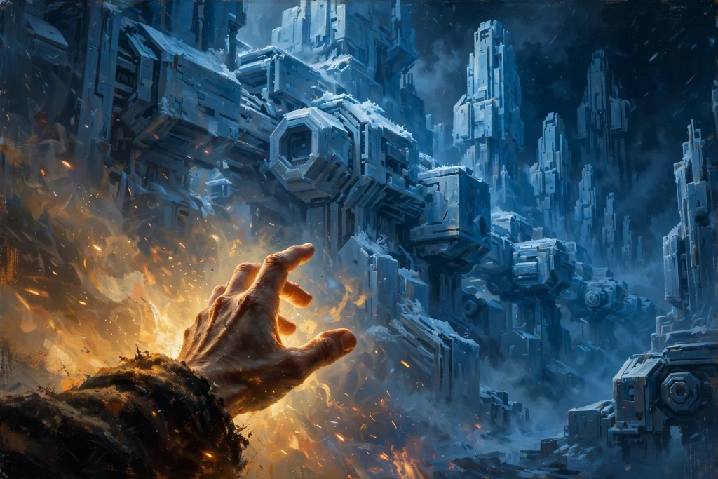 A warm human hand reaching from firelight toward cold blue machine structures