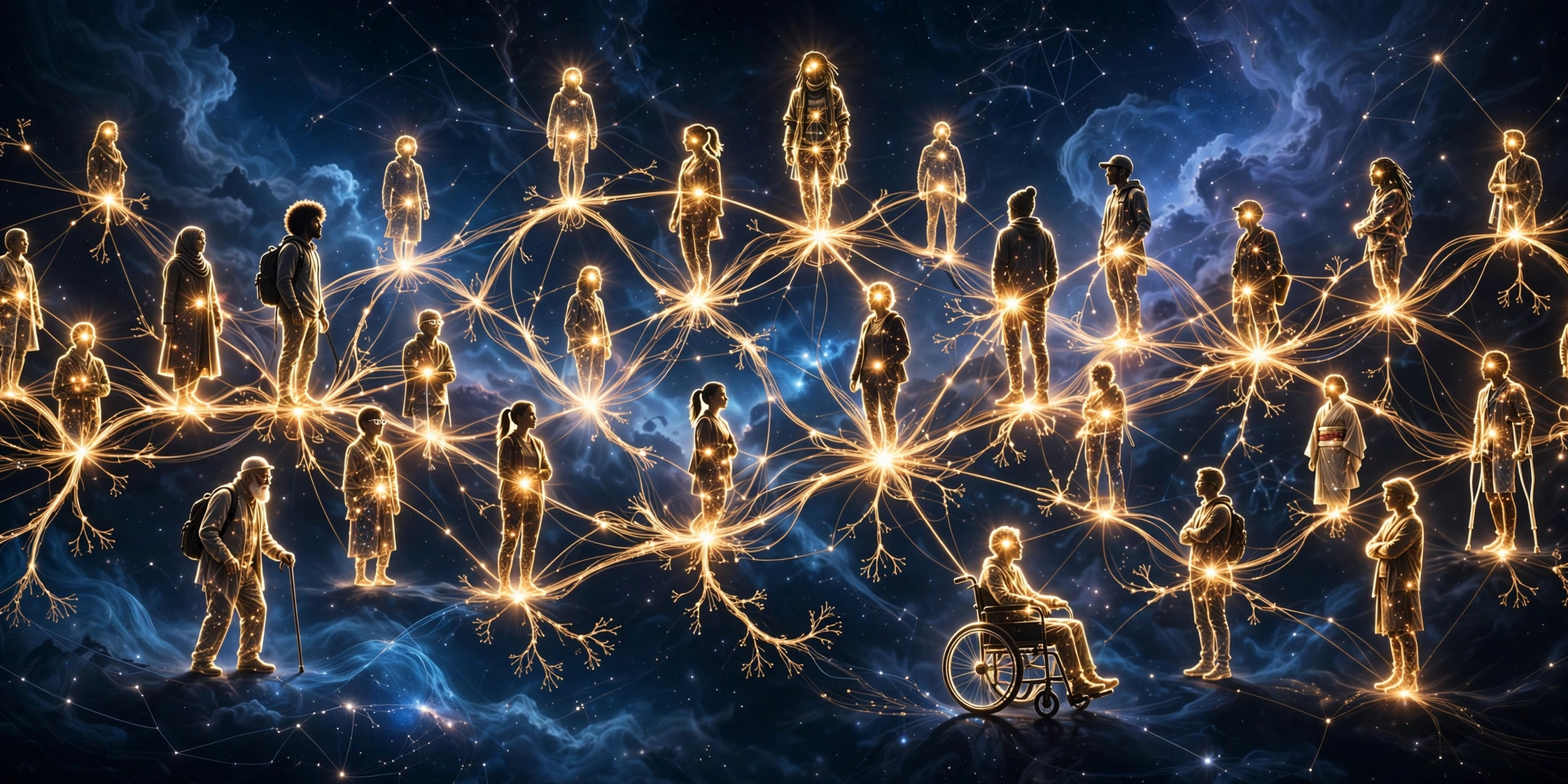 Diverse human silhouettes as glowing nodes in a vast forking network of light