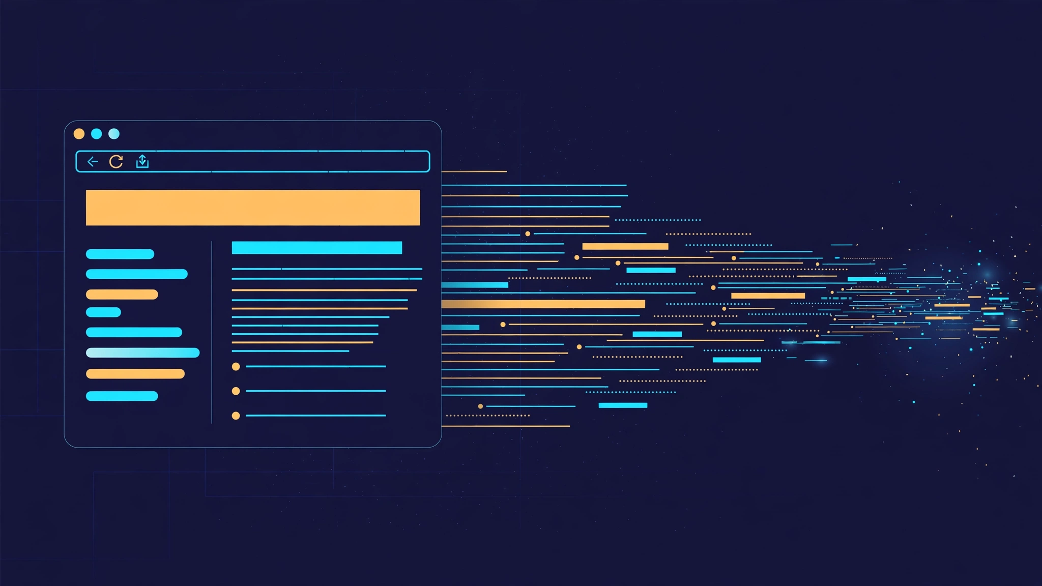 Illustration of a web browser window dissolving into a stream of text lines, representing what an AI assistant receives when it opens a website