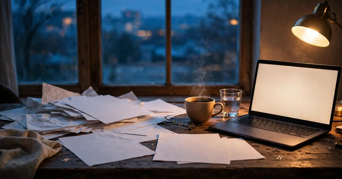 A writer desk at dusk with a glowing laptop, scattered pages, and a steaming coffee cup