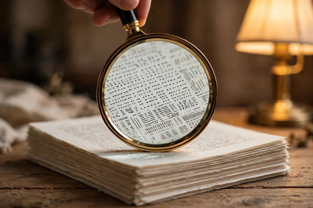 A magnifying glass held over a stack of printed manuscript pages