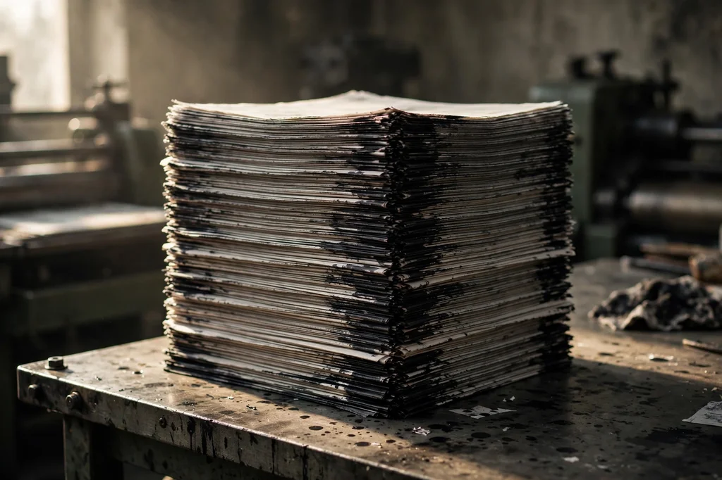 A tall stack of freshly printed newspapers on a press-room table