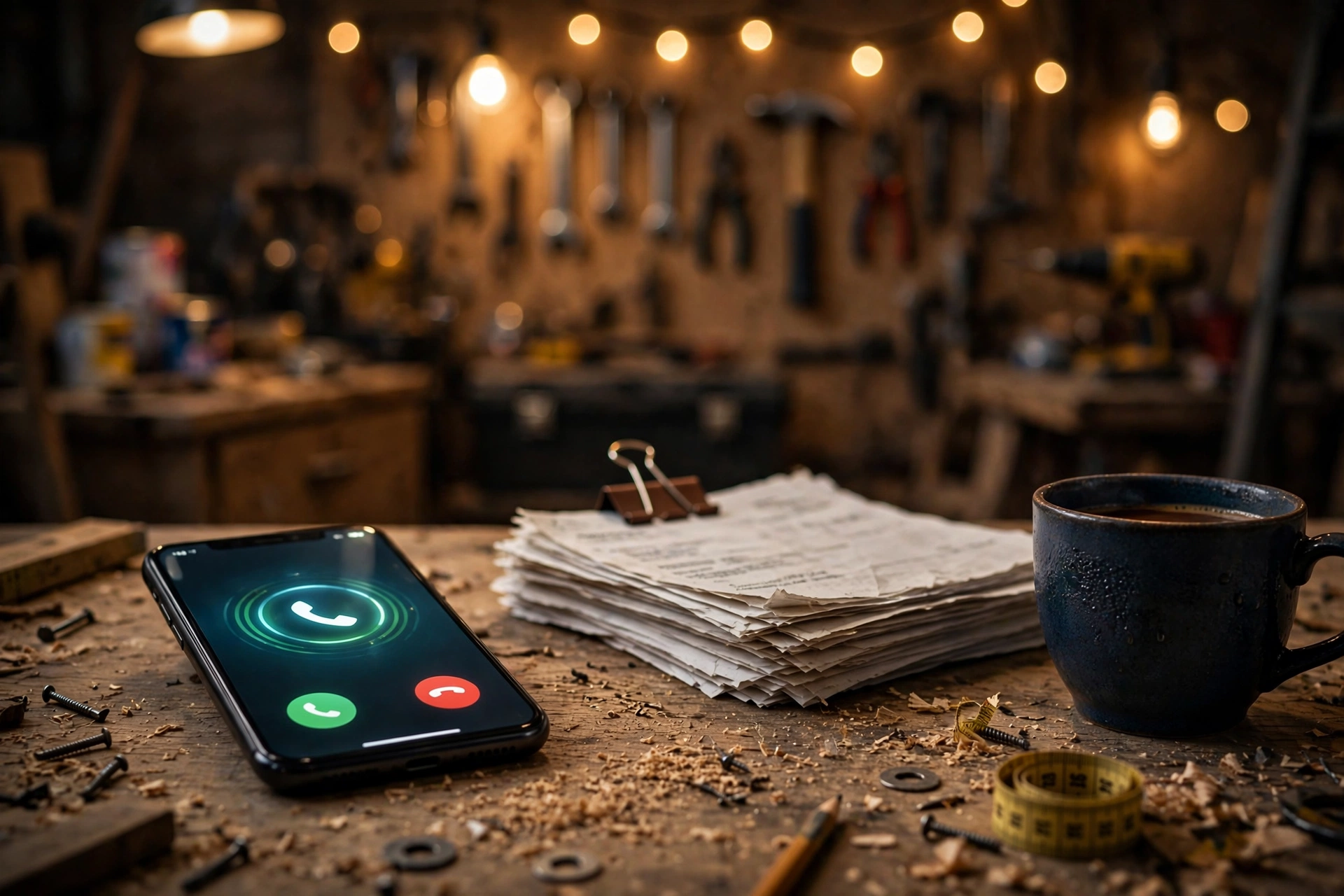 Smartphone ringing with an incoming call on a contractor work desk next to invoices