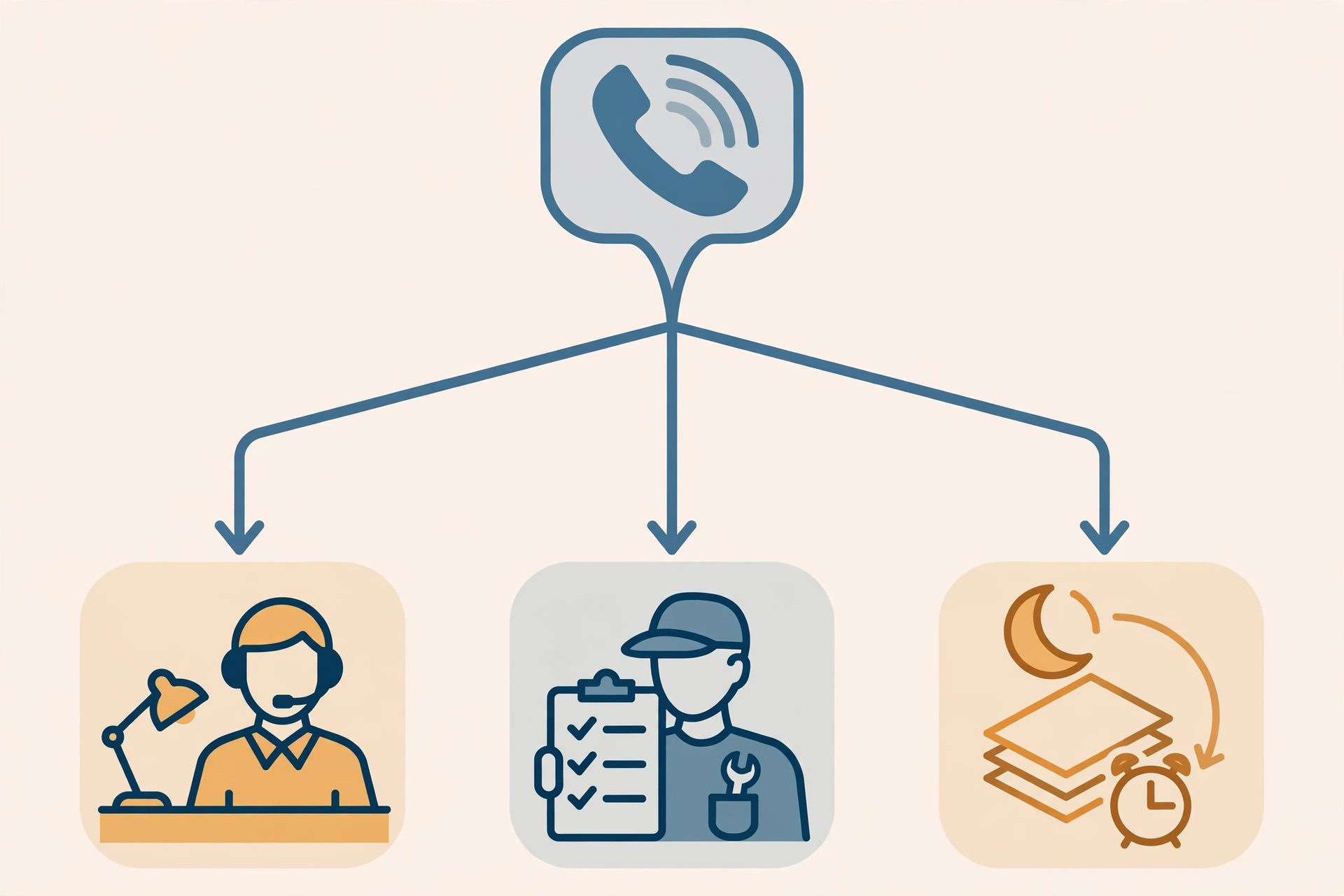Illustration of incoming call triage: new leads to dispatch, status updates to the tech, after-hours calls to a callback queue