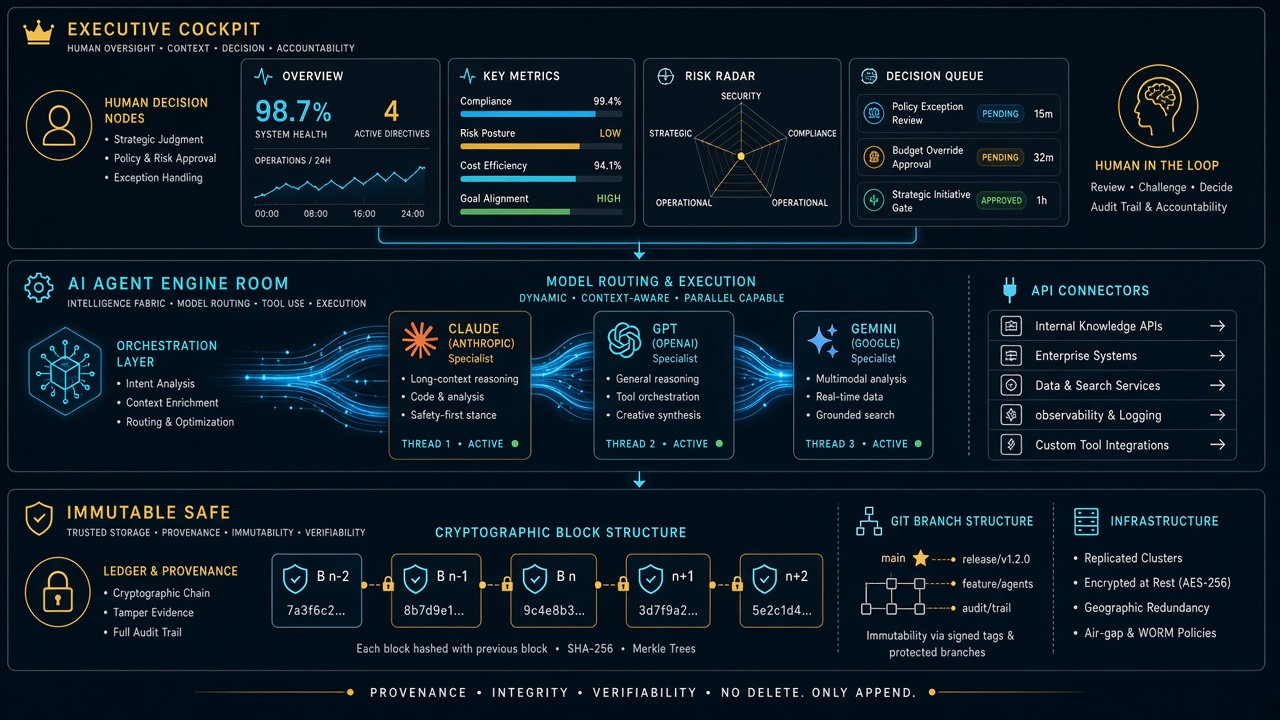 Executive Cockpit and AI Engine Room Architecture diagram showing human decision nodes, model orchestration fabric, and immutable cryptographic safe