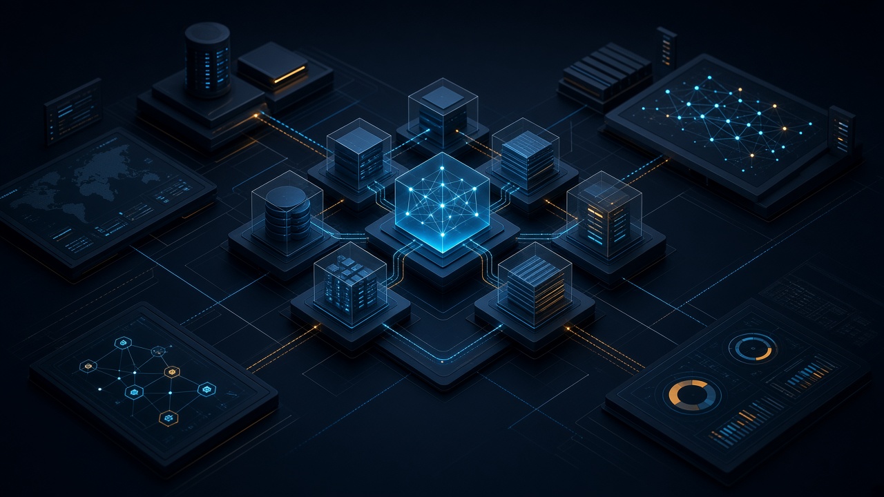 The Everything Operating System - Conceptual tech illustration of an autonomous AI operating system