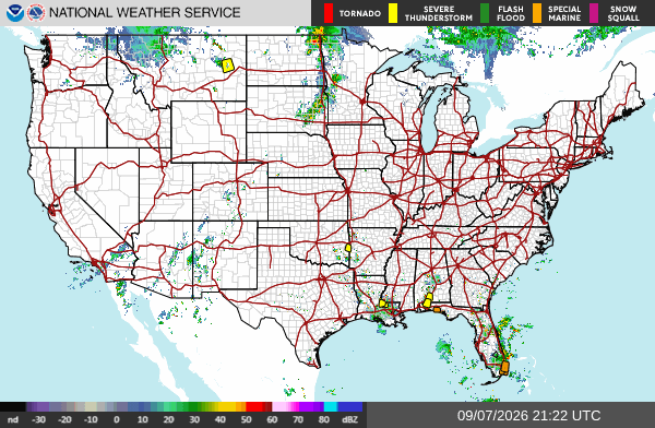 National Weather Service CONUS radar mosaic showing current precipitation across the United States