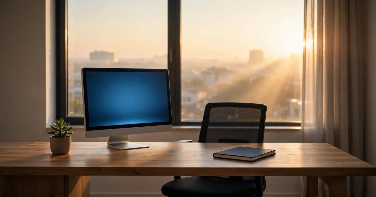 An empty desk at dawn with a glowing screen, a chair, a plant, and a notebook, waiting for its new hire