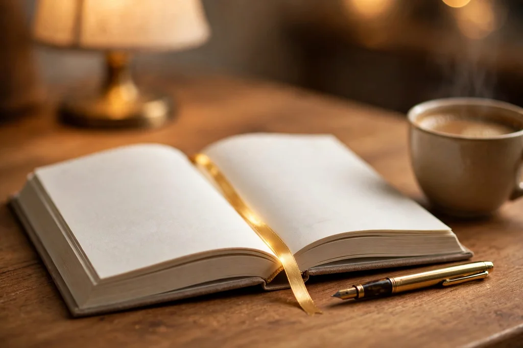 An open handbook with a golden ribbon bookmark, a pen, and coffee on a warm desk