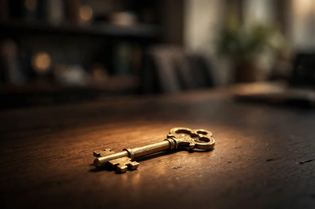 A single brass key gleaming in warm light on a dark wooden desk