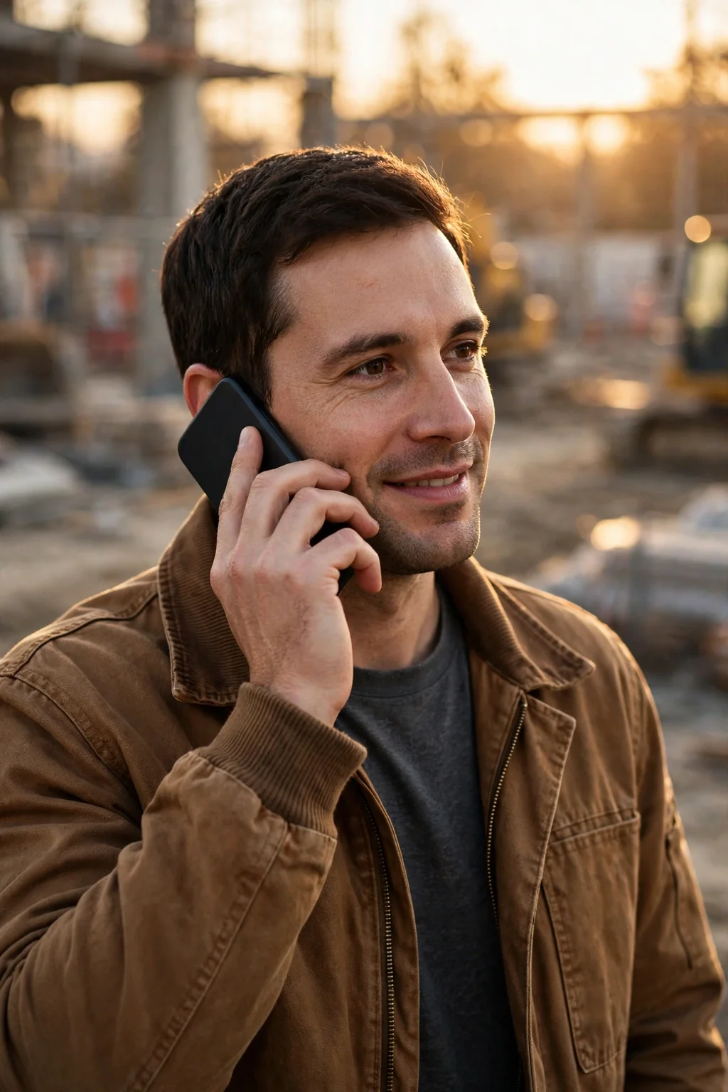 A contractor in a work jacket talking on a phone at a job site