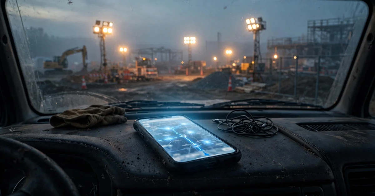 A smartphone glowing on a work truck dashboard at dawn with a job site ahead