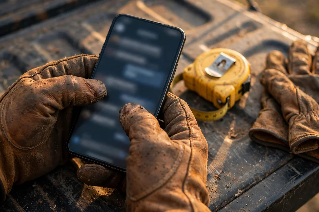 Work-worn hands texting on a smartphone next to work gloves and a tape measure