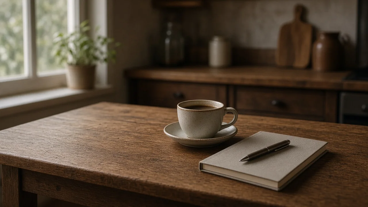 Sunday afternoon light on a wooden table with a closed notebook and a cup of coffee