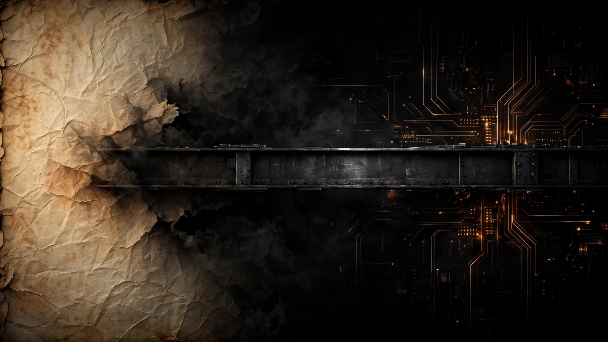 Parchment meeting a circuit board, split by a dark horizontal em dash.