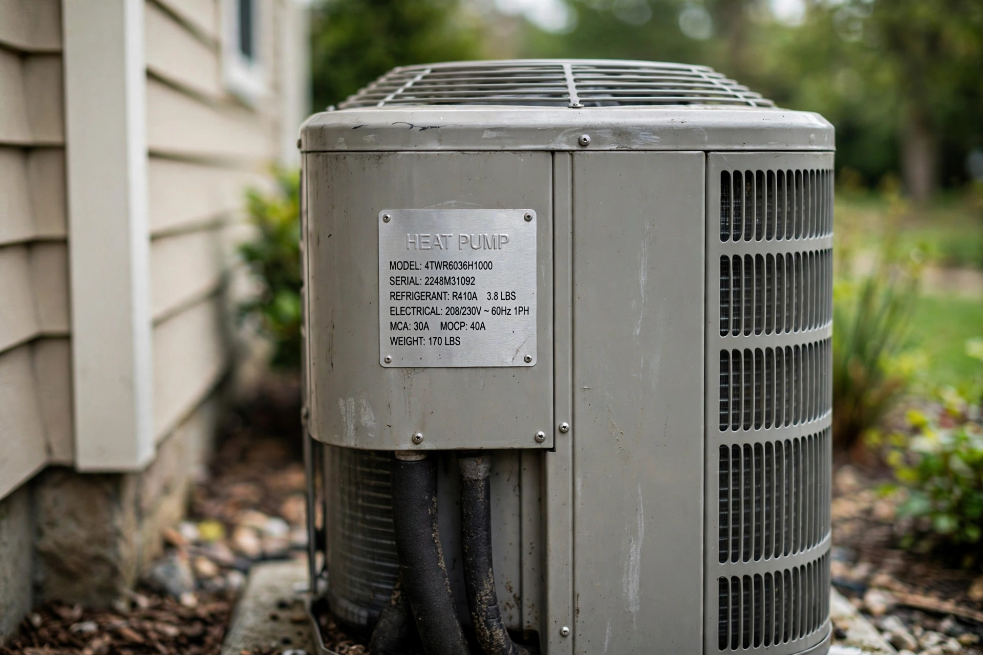 Heat pump nameplate showing model and serial numbers for rebate eligibility check