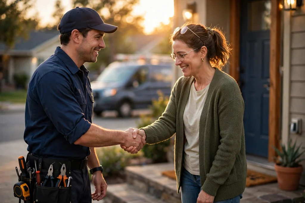 A service technician shaking hands with a relieved homeowner on a front doorstep