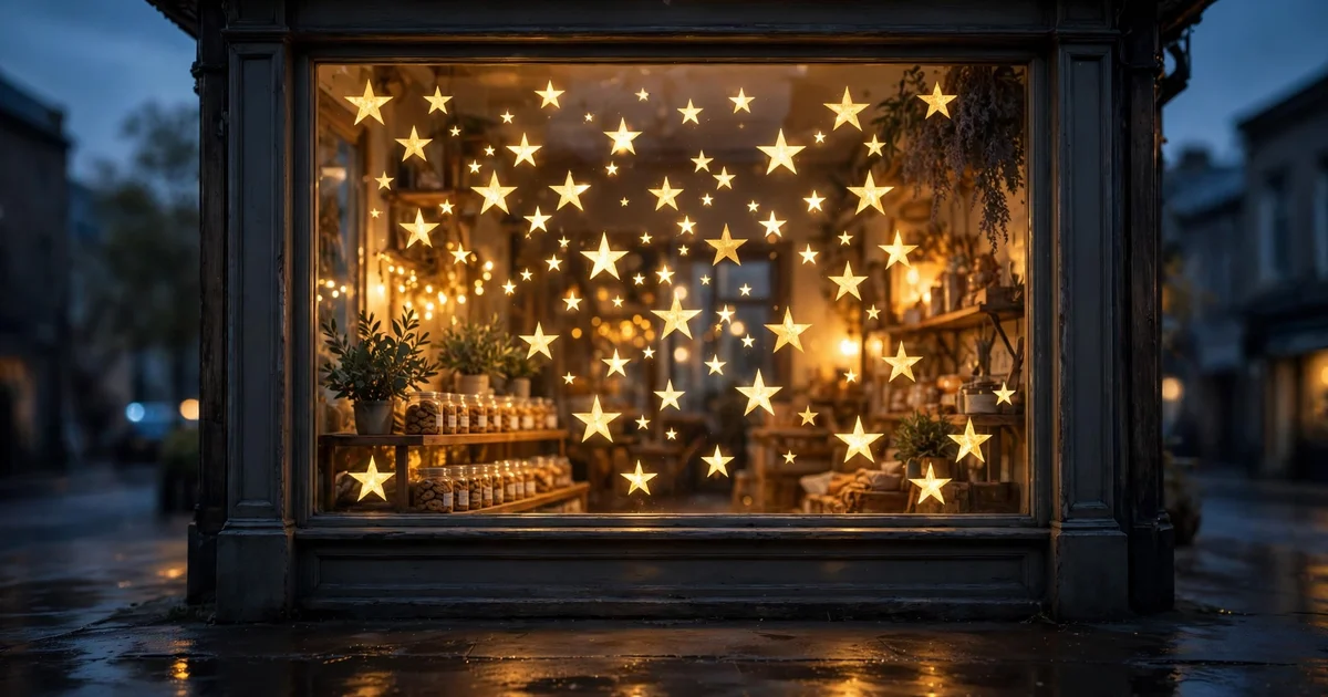 A storefront window at dusk covered in glowing golden star decals