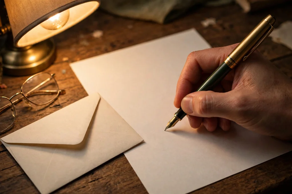 A hand writing a thoughtful reply with a fountain pen at a lamplit desk