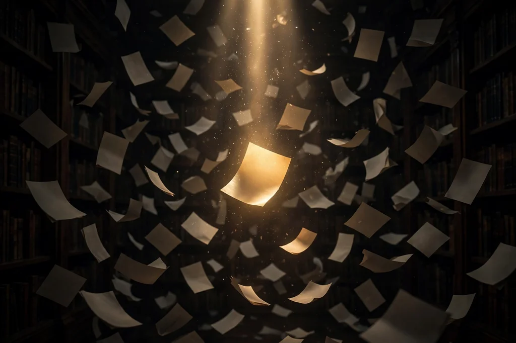 One page glowing gold in a spotlight among hundreds of dim floating pages in a dark library