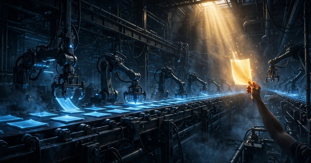 Robotic arms stamping identical glowing pages on a conveyor while a human hand lifts one golden page into warm light
