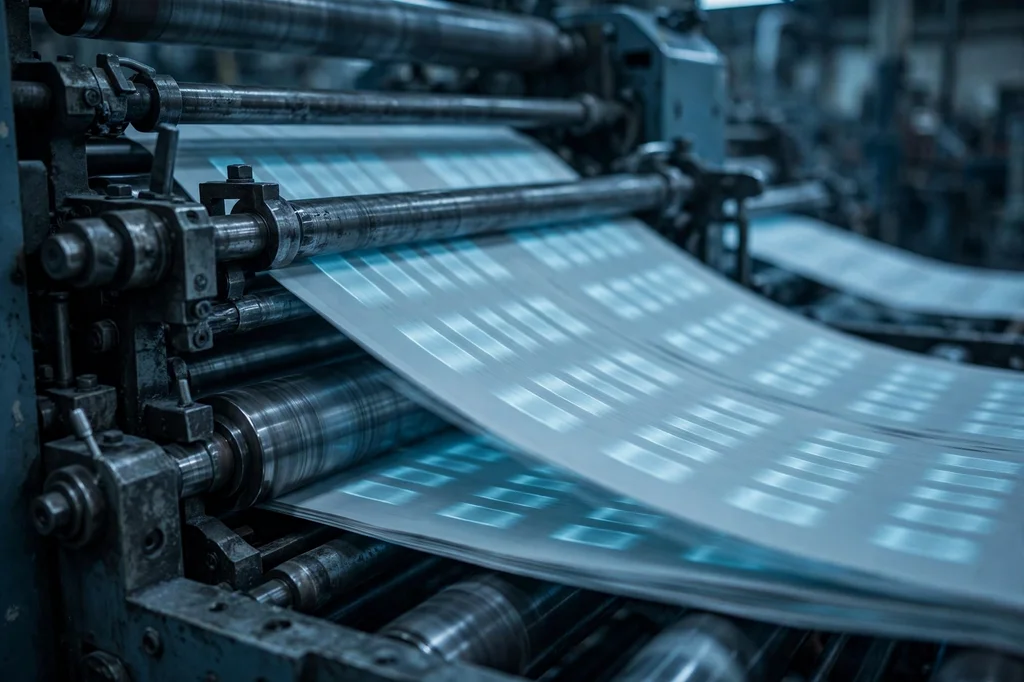 Industrial printing press rolling out endless identical glowing sheets