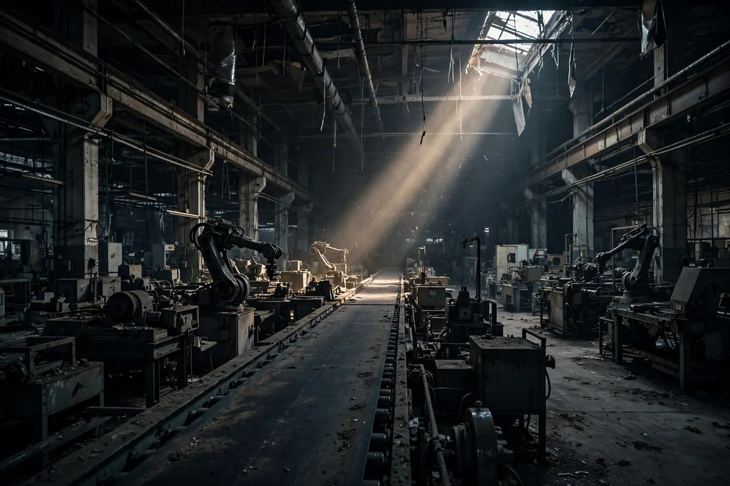 A vast empty industrial assembly line in dim light, machines idle and dark