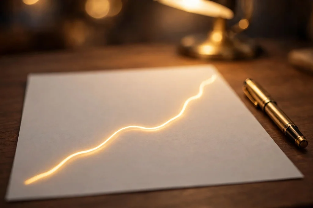A glowing golden line rising across a blank report page beside a fountain pen