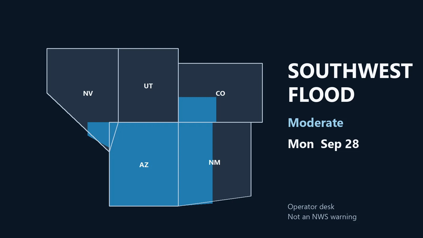 Map of Arizona, southern Nevada, southwest Colorado, and western New Mexico marked for Monday's moderate flood risk