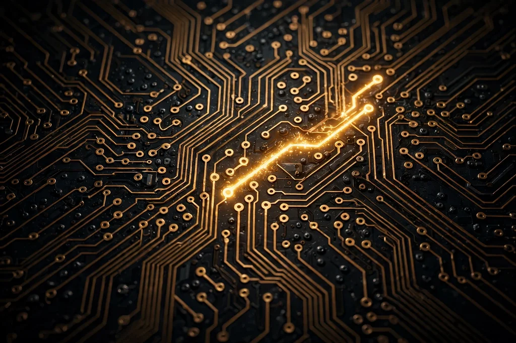 A circuit board with a glowing golden trace completing a connection