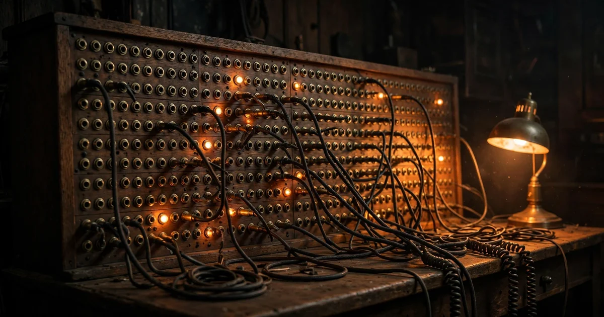 A vintage telephone switchboard with patch cords and glowing indicator lights