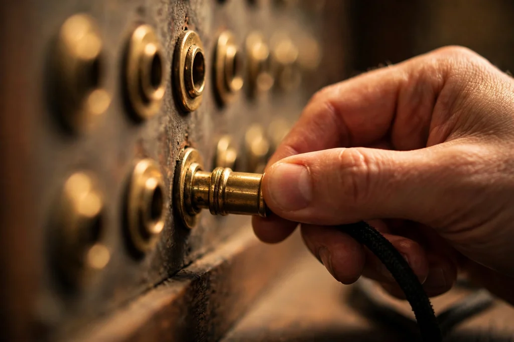 A hand plugging a brass patch cord into a switchboard jack