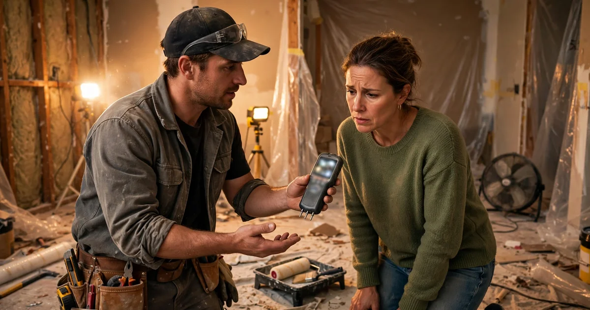 A restoration contractor showing a moisture meter to a homeowner in a room under renovation