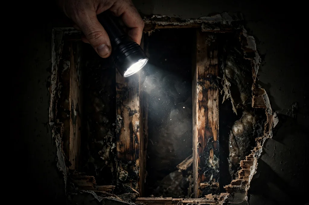 A flashlight beam revealing water-stained framing inside an opened wall cavity