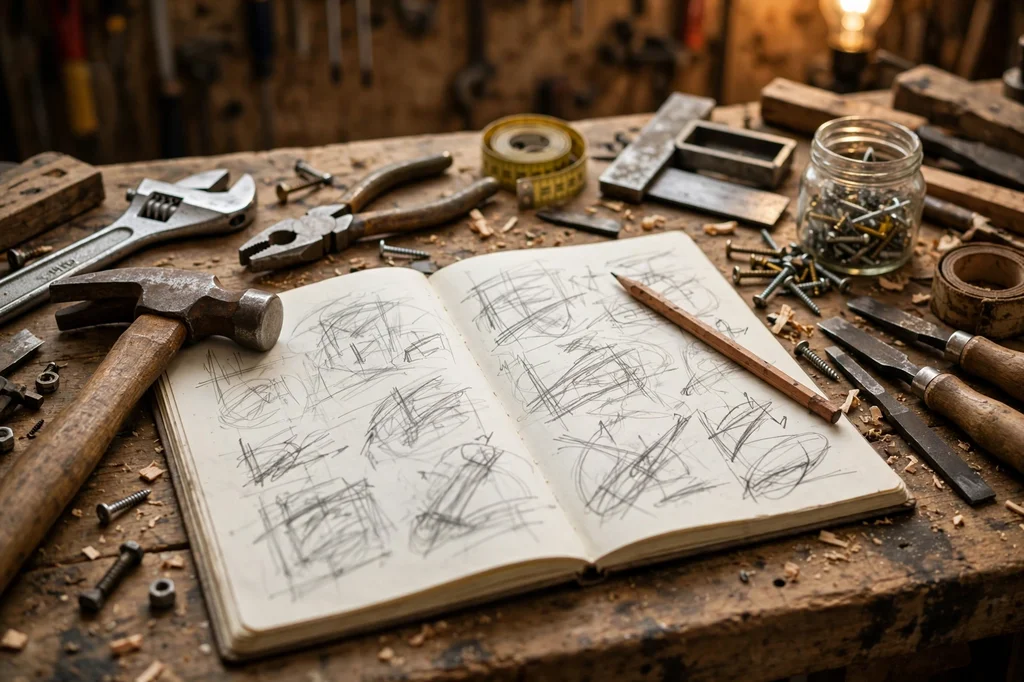 An open notebook of hand-drawn sketches on a workbench surrounded by tools