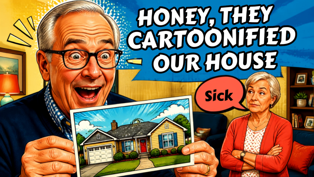 Promotional example of a cartoon-styled house postcard from Thanks.io's dynamic image builder.