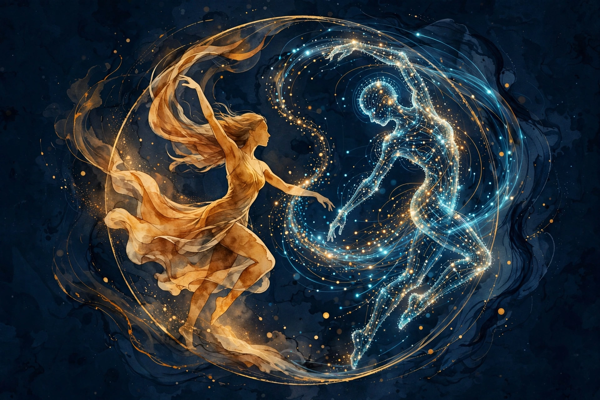 A human dancer and a dancer made of light, circling each other