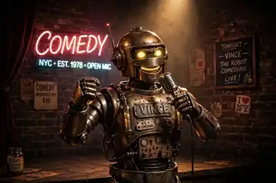 Vince, the NYC robot comedian, live at the open mic