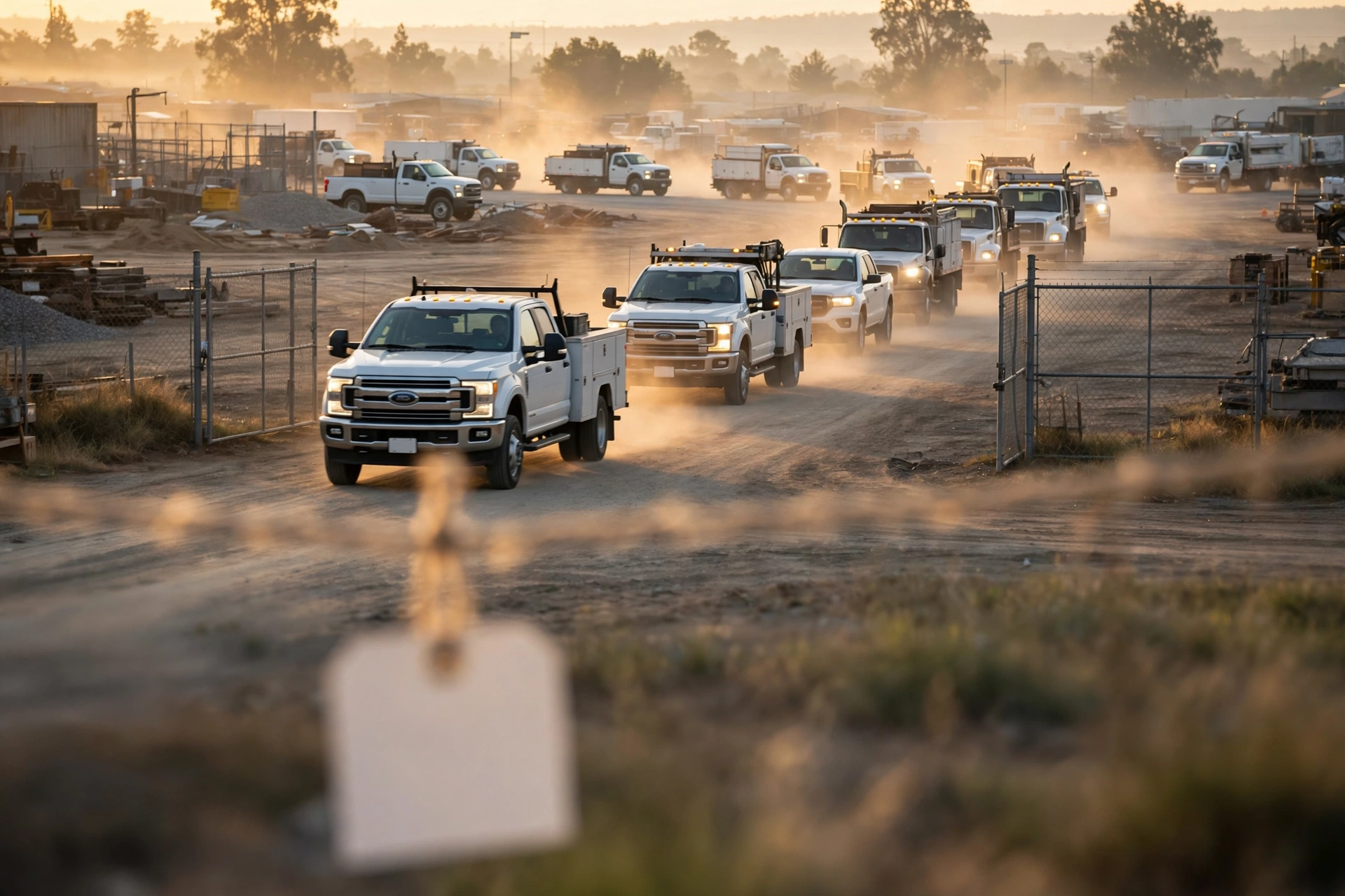 Small blank price tag in front of work trucks rolling out of a contractor yard at dawn