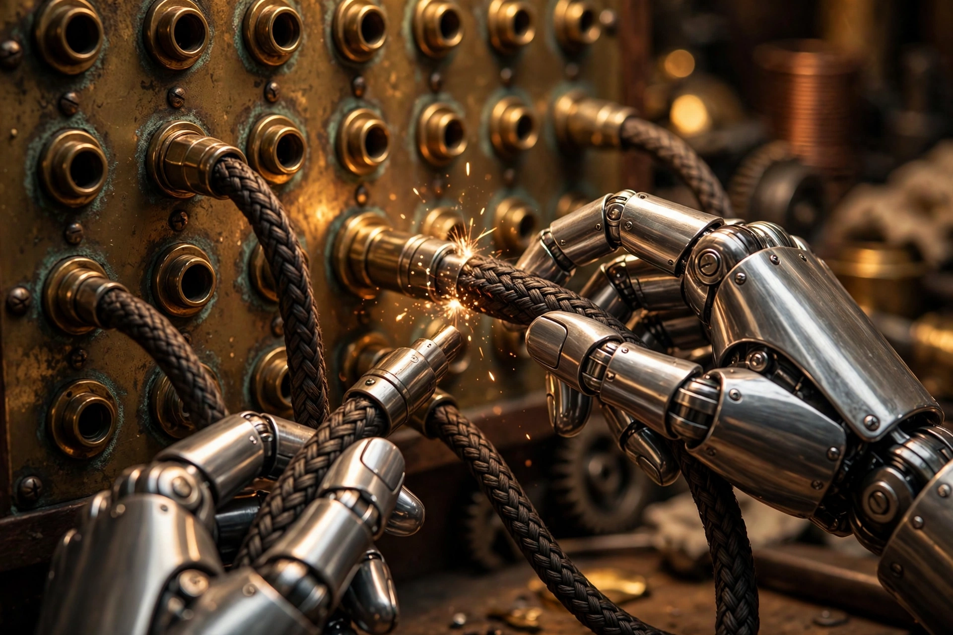 Robotic hands wiring cables into a brass telephone switchboard