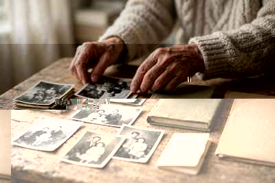 Curator sorting family photographs and heirlooms into a wisdom collection — creative displaced by AI image generators finding a new role