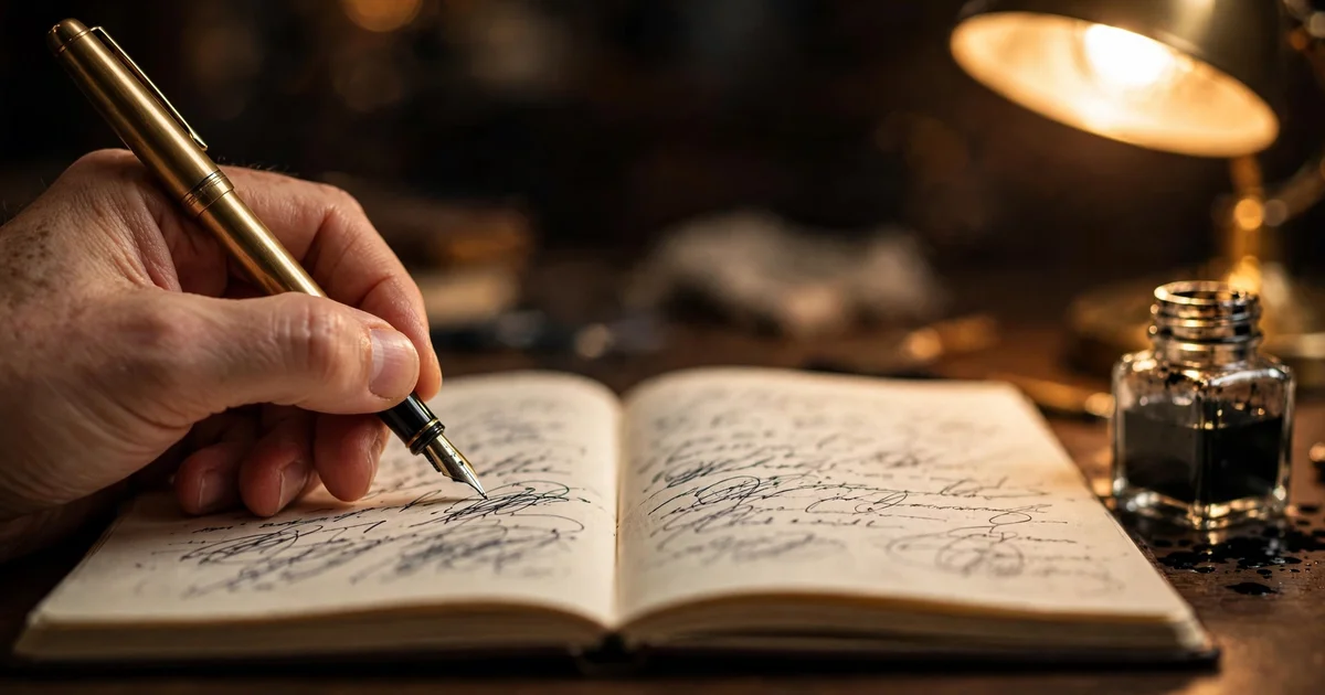 A hand writing in an open notebook with a fountain pen under warm lamplight