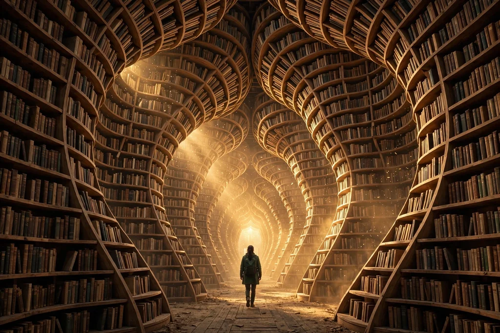 An infinite library corridor with towering bookshelves stretching into golden light