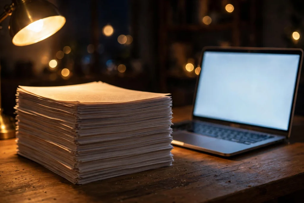 A tall stack of printed pages beside a glowing laptop on a desk at night